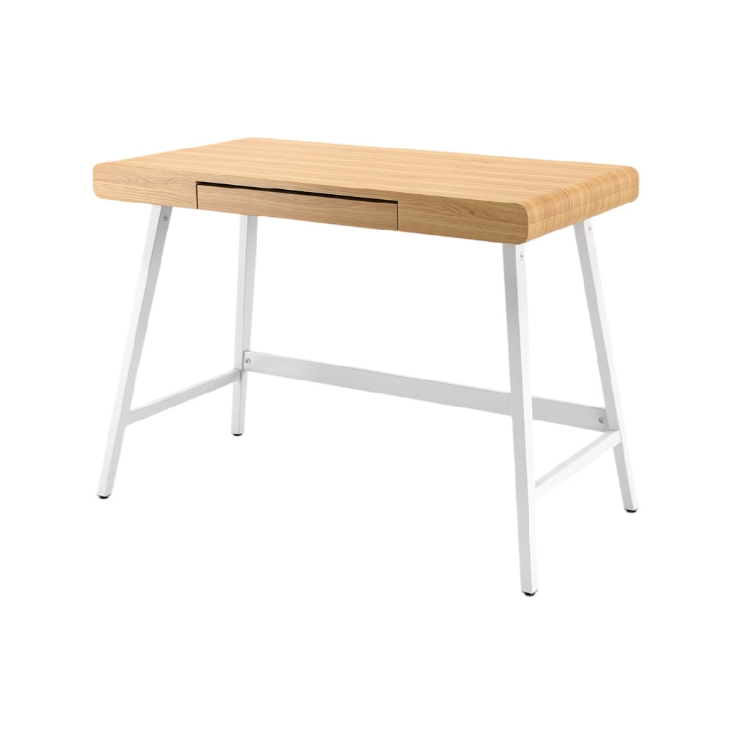 **Technische titel in het Nederlands: Modern bureau van hout met lade en metalen poten**