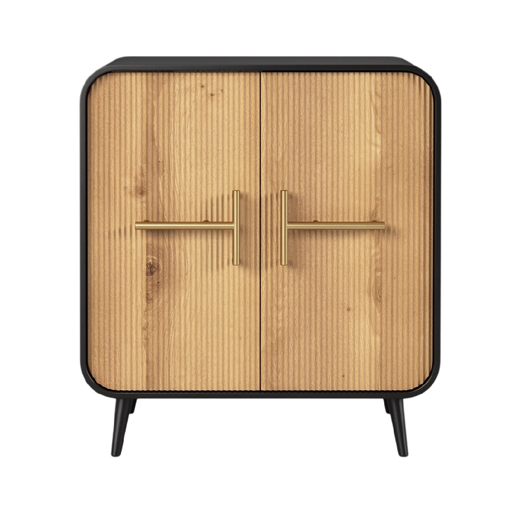 Technische titel in het Nederlands: **Moderne kast met houten front en gouden handgrepen**