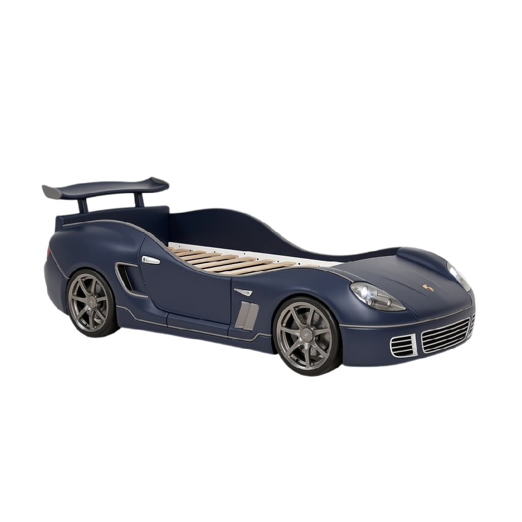 **Technische titel in het Nederlands: 'Moderne Kinderbed in Sportauto Ontwerp - Blauw en Gestroomlijnd'**