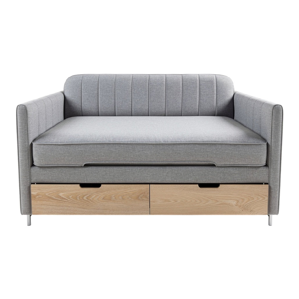 **Technische titel in het Nederlands:** Moderne grijze slaapbank met opberglades en gestreepte bekleding